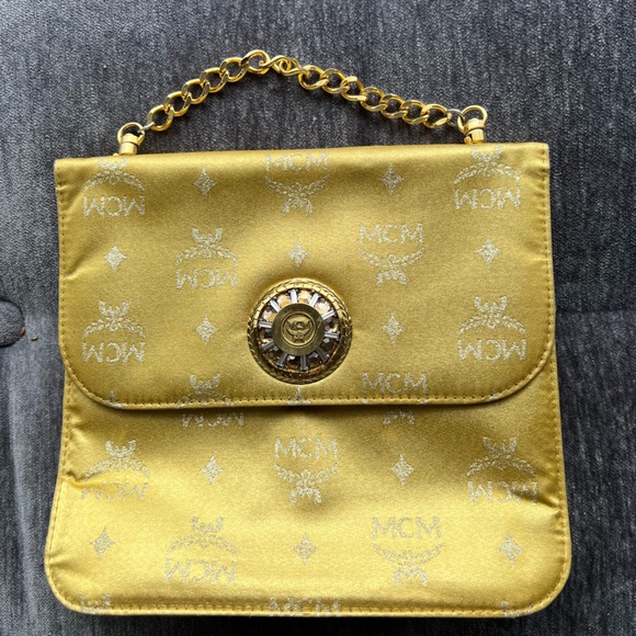 Authentic MCM gold silk fabric monogrammed purse